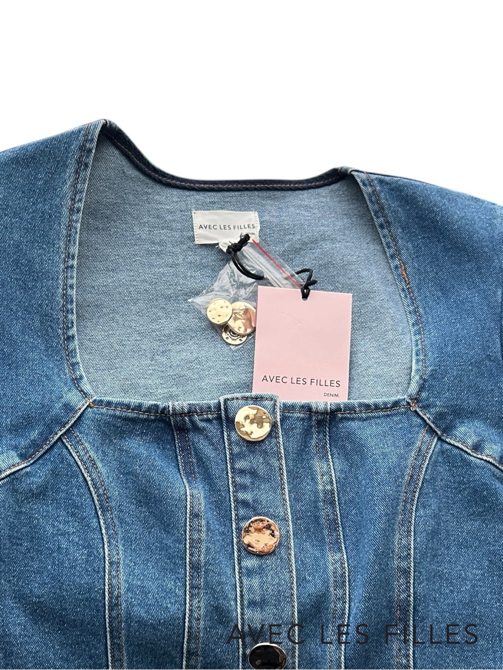 Avec Les Filles **NWT** Denim Puff Sleeve Square Neck Cropped Blue Jean Jacket - Picture 11 of 11